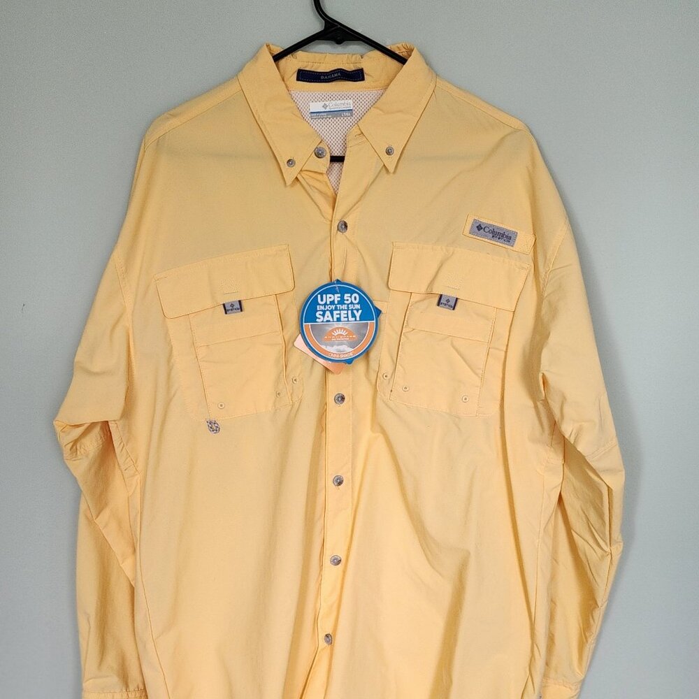 Columbia Mens PFG Bahama II UPF 50 Long Sleeve Fishing Shirt color Nectar, NWT